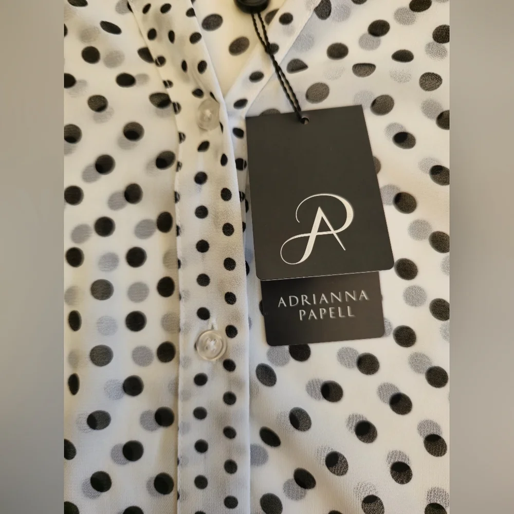 NWT Adrianna Papell Sheer Polka Dot Chiffon V Blouse Black White Size Large - Picture 12 of 17